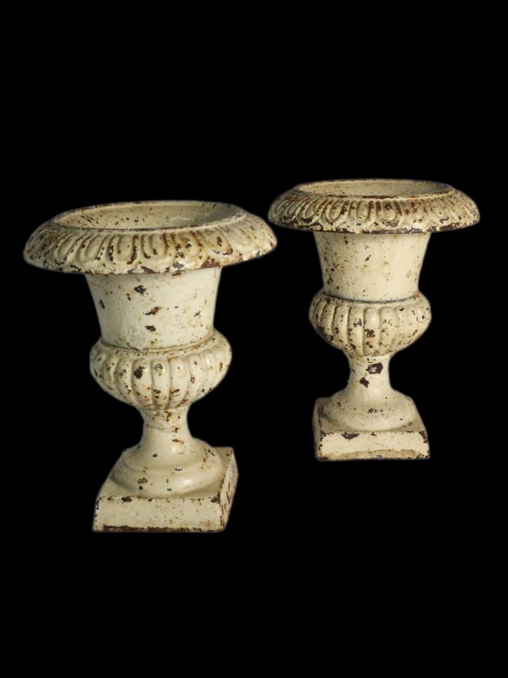 Pair Cast Iron Campana Urn Planters 6” Distressed Cream